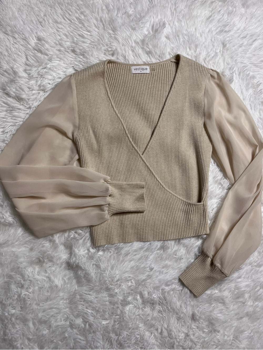 Vestique Ribbed V-Neck Sweater with Sheer Balloon Sleeves